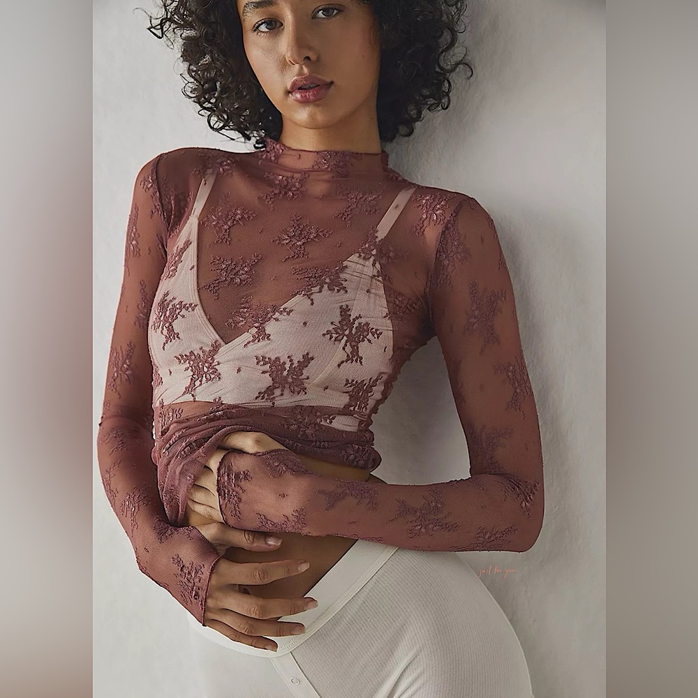 Free People Mauve Lace Long Sleeve Sheer Top